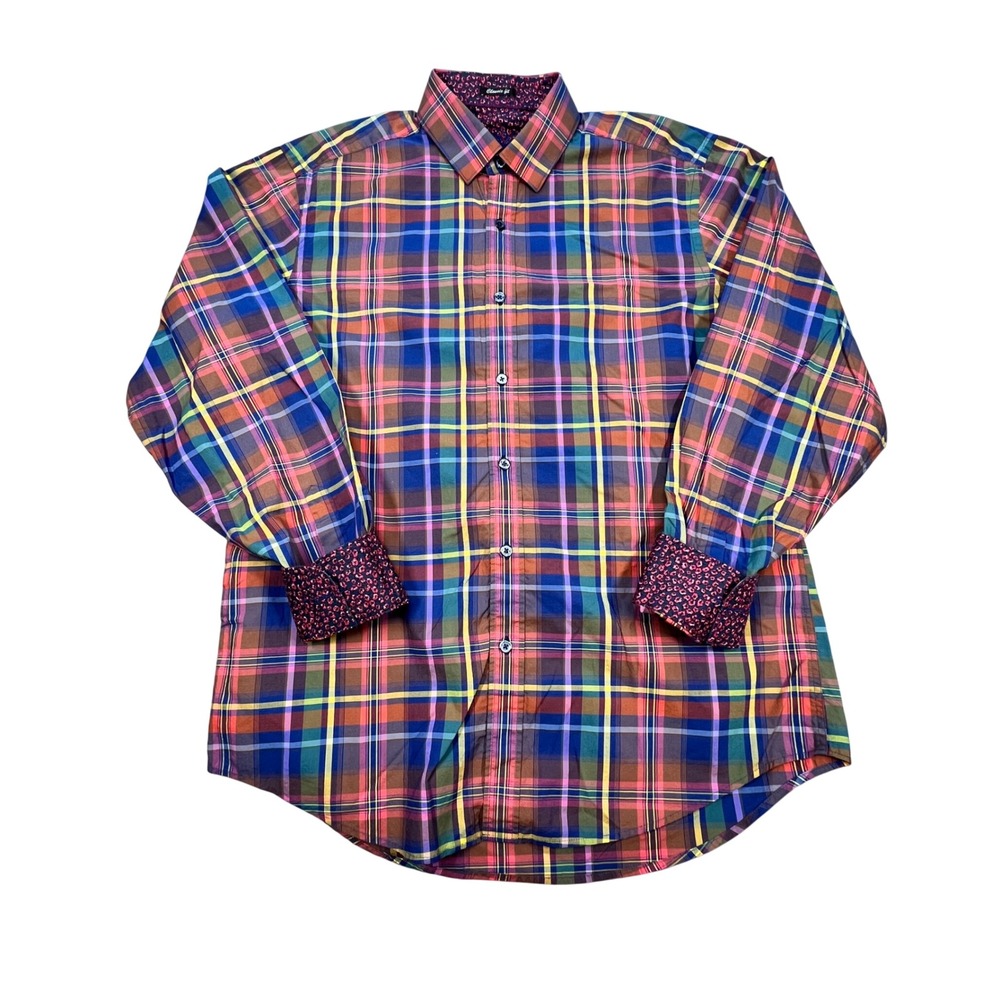 Bugatchi Multicolor Plaid Button Down Classic Fit Shirt Mens Medium Flip Cuff